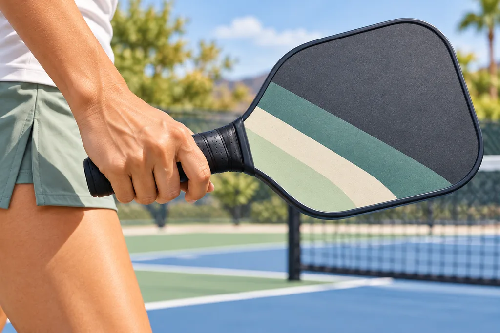 Une main qui tient le manche d'une raquette de pickleball, doigts détendus, sur un fond neutre.