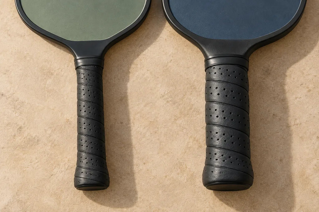 Deux raquettes de pickleball côte à côte, l'une avec un manche visiblement plus fin que l'autre.