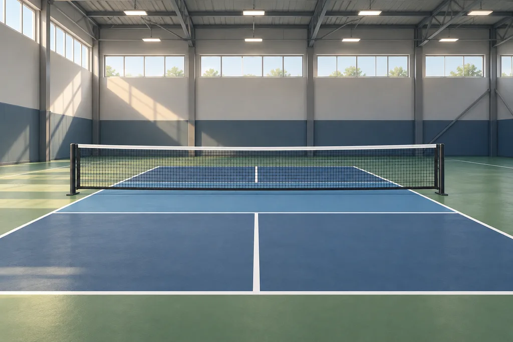 Un terrain de pickleball intérieur vu de côté, filet au centre, sans joueur.